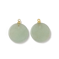 Зеленый Авантюрин Естественный зеленый авантюрин подвески, плоские круглые подвески с латунными дужками золотистого оттенка, 19~20.5x16~16.3x3.5~4.8 мм, отверстие : 6x3 мм