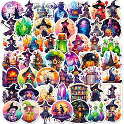 Mixed Color 50Pcs Halloween PVC Self-Adhesive Cartoon Stickers, Waterproof Witch Decals for Party Gift Decoration, Kid's Art Craft, Mixed Color, 40~80mm