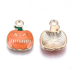 Coral Alloy Enamel Pendants, Halloween, Cadmium Free & Lead Free, Pumpkin, Light Gold, Coral, 15.5x12x3mm, Hole: 1.6mm
