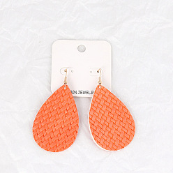 Orange-red Leather Double-sided Embossed Drop-shaped Earrings for Fashionable and Personalized Look