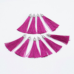Hot Pink Nylon Tassels Big Pendant Decorations, with Antique Silver Alloy Findings, Hot Pink, 55~67x7mm, Hole: 2mm