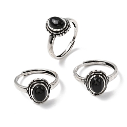 (946F)Морозный цвет внутри  Жонкиль / Непрозрачная зеленая подкладка Натуральный черный агат кольца палец, овальные, с латунной фурнитурой , античное серебро, 13 мм, внутренний диаметр: 17~18 мм