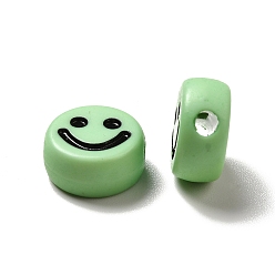 Light Green Opaque Acrylic Beads, Flat Round with Smiling Face Pattern, Light Green, 10x5mm, Hole: 2mm, about 1450pcs/500g