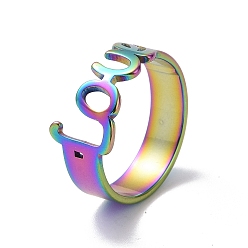 Rainbow Color Ion Plating(IP) 201 Stainless Steel Word Love Finger Ring, Hollow Wide Ring for Valentine's Day, Rainbow Color, US Size 6 1/2(16.9mm)