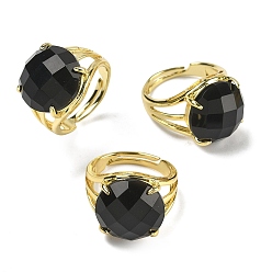 Обсидиан Латунные манжеты с открытыми кольцами, с естественным обсидианом, круглые, граненые, стойки покрытие, долговечный, золотые, 18 мм