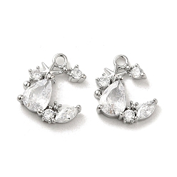 Real Platinum Plated Brass with Glass Rhinestone Charms, Moon with Star, Real Platinum Plated, 14x12.5x4mm, Hole: 1.5mm
