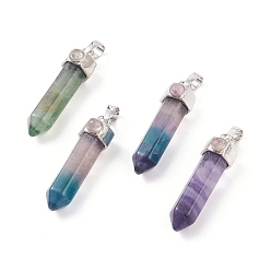 Fluorite Natural Bullet Fluorite Pointed Pendants, with Polymer Clay Rhinestone & Platinum Tone Brass Findings, 35~40x10mm, Hole: 7x5mm