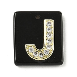 Letter J Природные подвески обсидиана, прямоугольные подвески с латунной микропаве прозрачной кубической циркониевой буквой, реальный 18 k позолоченный, долговечный, стойки покрытие, буква J, 21x18x5 мм, отверстие : 1.4 мм