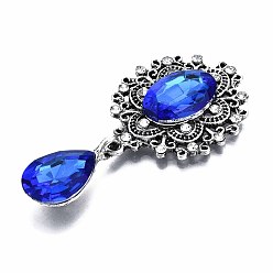 Blue Alloy Flat Back Cabochons, with Acrylic Rhinestones, Oval and Teardrop, Antique Silver, Faceted, Blue, 59x29x6mm