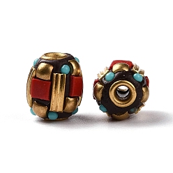 Red Handmade Indonesia Beads, with Brass Findings and Resin, Antique Golden, Barrel, Red, 11x9.5mm, Hole: 1.8mm