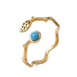 Synthetic Turquoise 304 Stainless Steel Cuff Open Rings for Women, Leaf, with Synthetic Turquoise, Ion Plating(IP), Golden, 12mm, US Size 7 1/2(17.7mm)