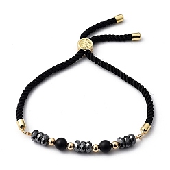 Black Agate Adjustable Slider Bracelets, Nylon Cord Bracelets, with Natural Black Agate(Dyed & Heated) Beads, Non-Magnetic Synthetic Hematite Beads and Brass Beads, Golden, Inner Diameter: 3/4 inch~3-1/8 inch(2~8cm)