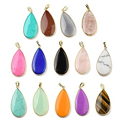 Mixed Color Mixed Gemstone & Glass & Cat Eye Pendants, Teardrop Charms with Rack Plating Golden Plated Brass Findings, Mixed Color, 42.5x21x4.5mm, Hole: 7x4mm