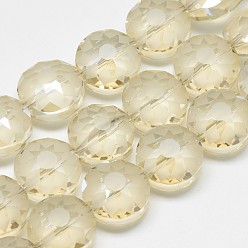 Light Goldenrod Yellow Electroplate Glass Beads Strands, Frosted, Rainbow Plated, Faceted, Flat Round, Light Goldenrod Yellow, 14x8~10mm, Hole: 1.5mm, about 50pcs/strand, 26.77 inch