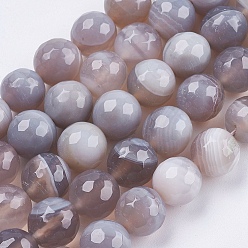 Gray Natural Striped Agate/Banded Agate Beads Strands, Round, Faceted, Dyed, Gray, 6mm, Hole: 1mm, about 62pcs/strand, 14.5 inch(37cm)