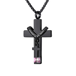 Pink 304 Stainless Steel Religion Cross Pendant Memorial Urn Ash Necklaces, June Birthstone Necklace, Cable Chain Necklace, Pink, Pendant: 35x22mm