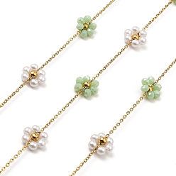 Dark Sea Green Glass & ABS Plastic Pearl Beaded Flower Link Chains, with Golden 304 Stainless Steel Cable Chains, Soldered, with Spool, Dark Sea Green, 8.5x9x3mm, 8x8.5x3mm, about 32.81 Feet(10m)/Roll