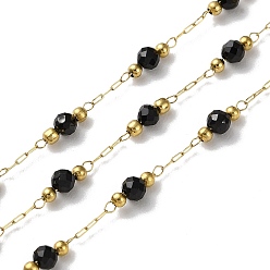 Quartz Ion Plating(IP) Real 18K Gold Plated 316 Stainless Steel Paperclip Chains, with Faceted Round Natural Black Quartz Beaded, with Spool, Soldered, 3mm