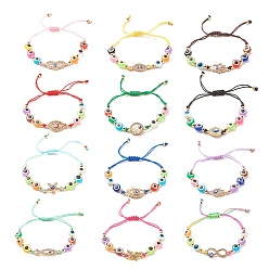 Mixed Color 12Pcs 12 Style Resin Evil Eye Braided Bead Bracelets Set, Starfish & Horse Eye & Hamsa Hand & Tree of Life & Fish & Butterfly & Infinity Link Adjustable Bracelets for Women, Mixed Color, Inner Diameter: 1-1/8~3 inch(2.6~7.6cm), 1Pc/style