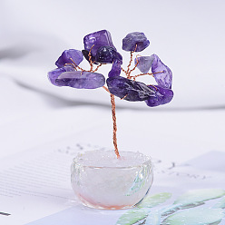 Аметист Натуральные аметистовые чипсы дерево жизни украшения, основа из драгоценных камней и стекла с медной проволокой, фен-шуй энергетический камень подарок для домашнего офиса украшение рабочего стола, 73 мм