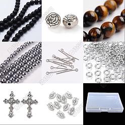 (52) Непрозрачная лаванда Наборы для изготовления четок своими руками, Включает в себя бусины из натурального тигрового глаза, черного агата, синтетического гематита и сплавов., железный глазок и кольца, Подвески из сплава, разноцветные, 8 мм, отверстие : 1.5 мм