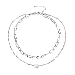 Stainless Steel Color Non-Tarnish 304 Stainless Steel Double Chains Multi Layered Necklace with Cube Beaded for Women, Stainless Steel Color, 16.34 inch(41.5cm)