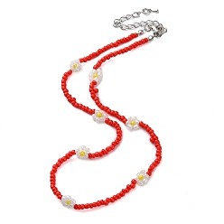 Red Glass Flower Beaded Necklace, Red, 15.91 inch(40.4cm)
