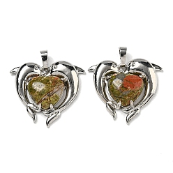 Унакит Подвески в форме сердца из натурального унакита, латунные подвески в виде дельфинов, платина, без кадмия и без свинца, 29x32.5x8.5 мм, отверстие : 8x5 мм