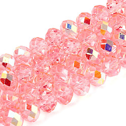Светло-Коралловый Прозрачные стеклянные бусины, рондель, с половиным покрытием, с покрытием AB цвета, граненые, свет коралловый, 8x6.5~7 мм, отверстие : 1.2~1.4 мм, около 64~65 шт / нитка, 16.34~16.54 дюйм (41.5~42 см)