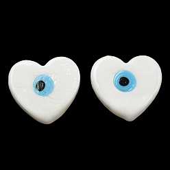 White Handmade Evil Eye Lampwork Beads, No Hole/Undrilled, Heart, White, 28~29x30x6~6.5mm
