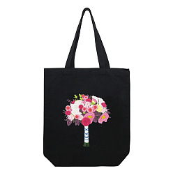 Pink DIY Bouquet Pattern Black Canvas Tote Bag Embroidery Kit, including Embroidery Needles & Thread, Cotton Fabric, Plastic Embroidery Hoop, Pink, 390x340mm