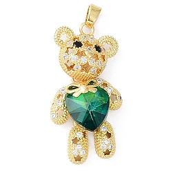 Dark Green Real 18K Gold Plated Rack Plating Brass Micro Pave Cubic Zirconia Pendants, with Glass, Long-Lasting Plated, Cadmium Free & Lead Free, Bear with Star Pattern, Dark Green, 38x19.5x9mm, Hole: 3.5x5mm
