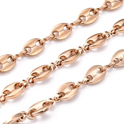 Rose Gold Ion Plating(IP) 304 Stainless Steel Coffee Bean Chain, Unwelded, with Spool, Rose Gold, 7.5x5.5x1.5mm, 32.8 Feet(10m)/roll