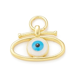 White Rack Plating Brass Enamel Charms, with Jump Ring, Cadmium Free & Lead Free, Long-Lasting Plated, Real 18K Gold Plated, Oval with Evil Eye Pattern, White, 14x20x3mm, Hole: 5mm