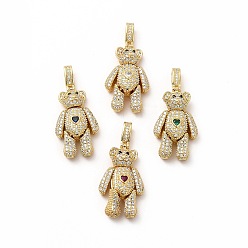 Mixed Color Rack Plating Brass Micro Pave Cubic Zirconia Pendants, Cadmium Free & Lead Free, Real 18K Gold Plated, Long-Lasting Plated, Mechanical Charm, Bear with Heart Charm, Mixed Color, 32x17.5x8.5mm, Hole: 3x6.5mm