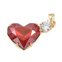 Красный Латунные микро проложить кубического циркония подвески, со стеклом, сердце прелести, стойки покрытие, без кадмия и без свинца, долговечный, реальный 18 k позолоченный, красные, 16.5x27.5x7.5 мм, отверстие : 4.5x3.5 мм
