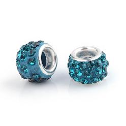 Blue Zircon Polymer Clay Rhinestone European Beads, Large Hole Beads, Rondelle, with Silver Color Plated Brass Cores, Blue Zircon, 10~12x7~8mm, Hole: 5mm