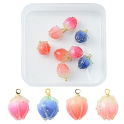 Mixed Color 8Pcs 4 Colors Handmade Flower Bud Epoxy Resin Charms, with Brass Peg Bails and Glass Micro Beads, Golden, Mixed Color, 14~15x9~10x9~10mm, Hole: 1.2mm, 2pcs/color