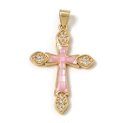 Pink Латунные микропаве прозрачные подвески с фианитом, с эмалью и ракушкой, крест прелести, без кадмия и без свинца, стойки покрытие, долговечный, реальный 18 k позолоченный, розовые, 30x20x2.5 мм, отверстие : 5x3.5 мм
