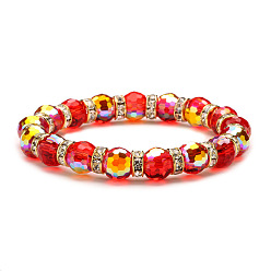 Red Sparkling Multi-Colored Crystal Glass Bead Bracelet with 96 Facets, Earth Design - 8/10mm