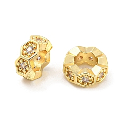 Golden Brass Micro Pave Cubic Zirconia European Beads, Large Hole Beads, Long-Lasting Plated, Lead Free & Cadmium Free, Hexagon, Golden, 7.5x3.5mm, Hole: 4.3mm