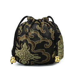 Black Chinese Style Silk Brocade Jewelry Packing Pouches, Drawstring Gift Bags, Auspicious Cloud Pattern, Black, 11x11cm