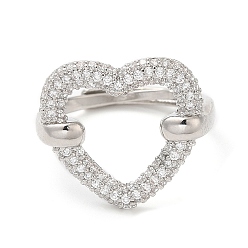 Platinum Clear Cubic Zirconia Hollow Heart Adjustable Ring, Brass Ring, Cadmium Free & Lead Free, Platinum, Inner Diameter: 15~23mm