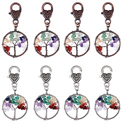 Mixed Color Natural/Synthetic Mixed Stone Pendant Decoration Sets, Flat Round with Tree of Life, with Heart Lobster Claw Clasps, Mixed Color, 60mm, 8pcs/set