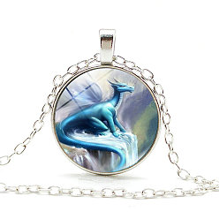 Deep Sky Blue Dragon Theme Glass Round Pendant Necklace with Alloy Chains, Deep Sky Blue, 20.47 inch(52cm)