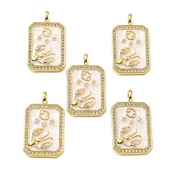 Рак Подвески из латуни микропаве с фианитами и эмалью, созвездие с прямоугольником, стойки покрытие, долговечный, без свинца и без кадмия, реальный 18 k позолоченный, рак, 25x14.5x4 мм, отверстие : 3.5x2.5 мм