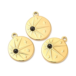 (946F)Морозный цвет внутри  Жонкиль / Непрозрачная зеленая подкладка Ионное покрытие (ip) 316 плоские круглые подвески из нержавеющей стали, Подвески-солнце из натурального черного агата, реальный 24 k позолоченный, 21.5x18x4 мм, отверстие : 1.6 мм