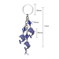 Blue Alloy Rhinestone Keychain, with Alloy Key Rings and Resin Beads, Dolphin & Evil Eye, Blue, 13cm