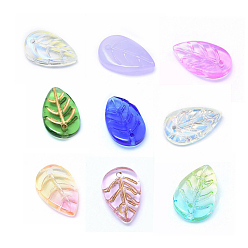 Mixed Color Glass Pendants, Leaf, Mixed Style, Mixed Color, 18x11x3mm, Hole: 1.2mm