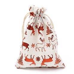 Deer Christmas Theme Cotton Fabric Cloth Bag, Drawstring Bags, for Christmas Party Snack Gift Ornaments, Deer Pattern, 14x10cm